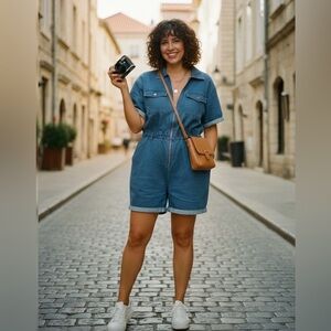 Rox:Ke Plus Size 2X Denim Short Sleeve Zip-Front Utility Romper